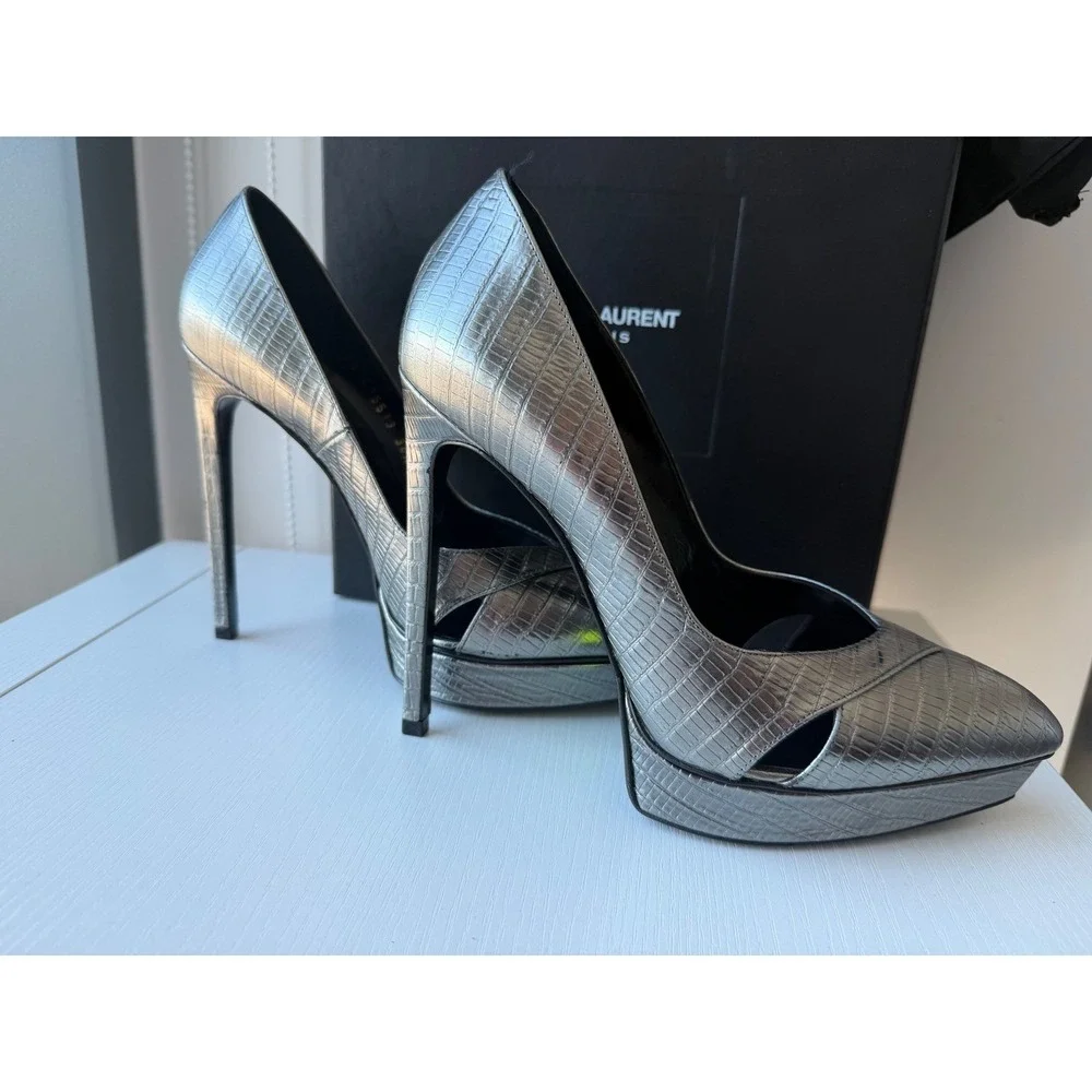 Saint Laurent Tejus Croc Embossed Platform Pumps Graphite EU 38.5